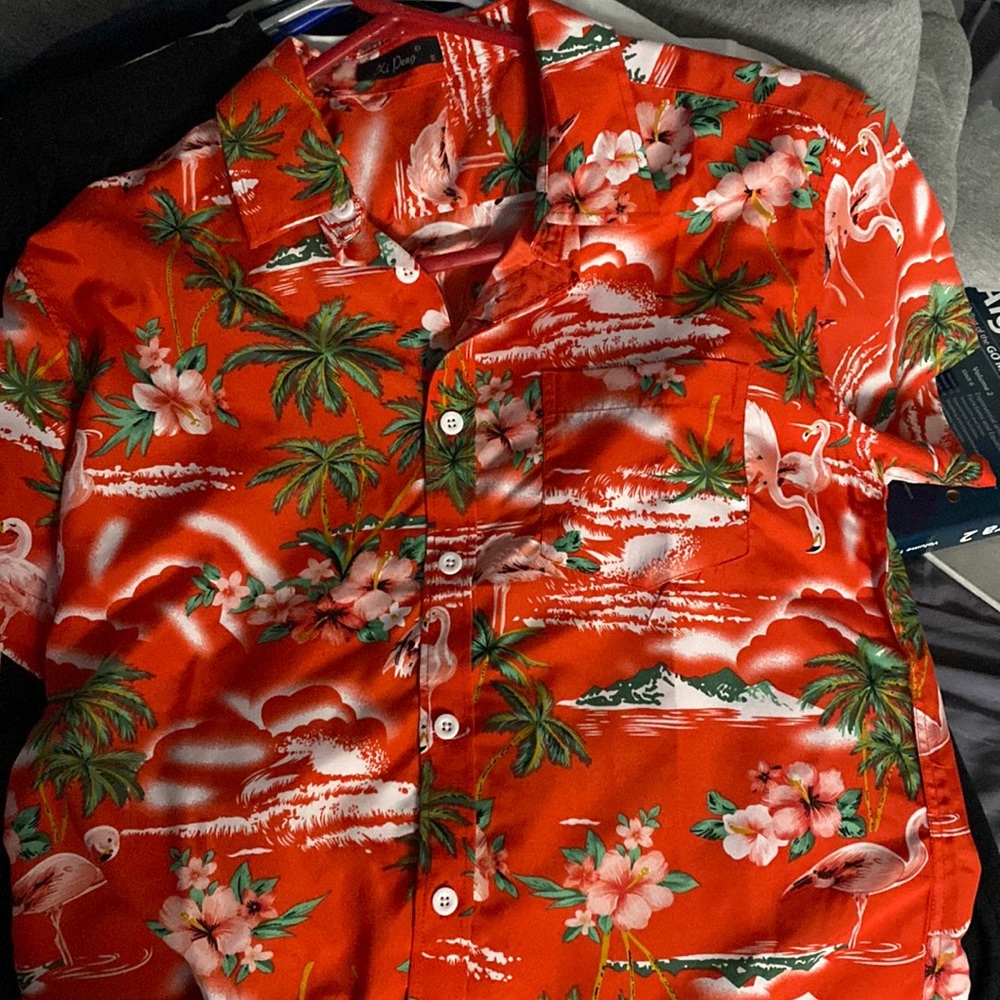 Hawaiian Print Red and Green Button Up Short Sleeve
